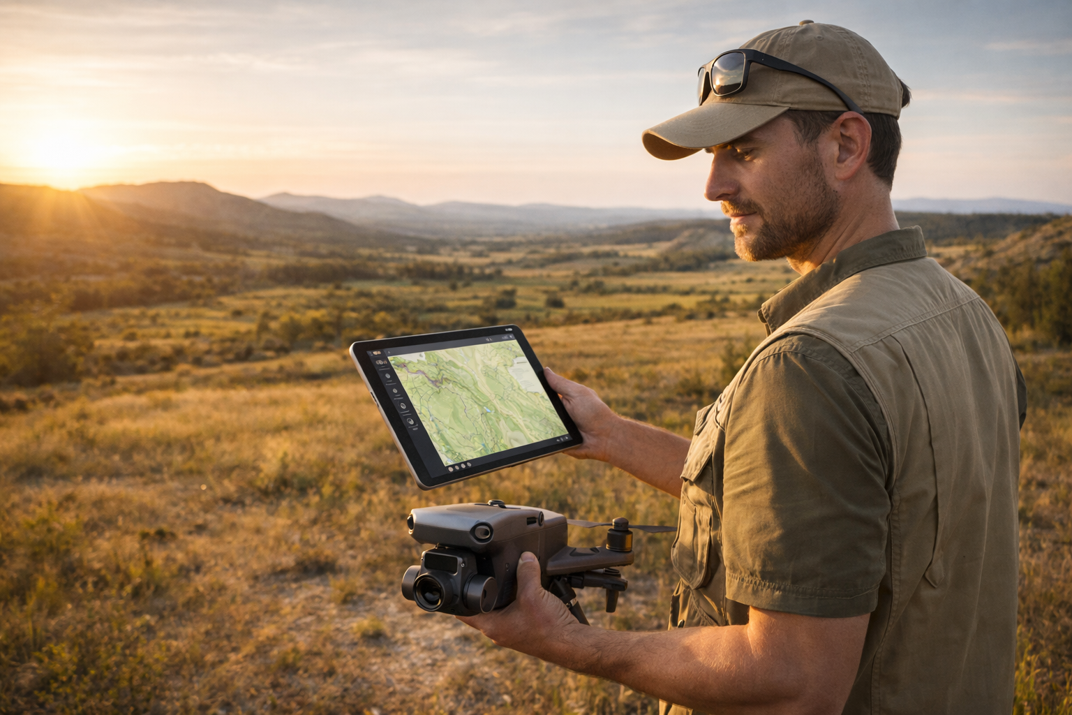 Professional drone pilot planning mission in the field