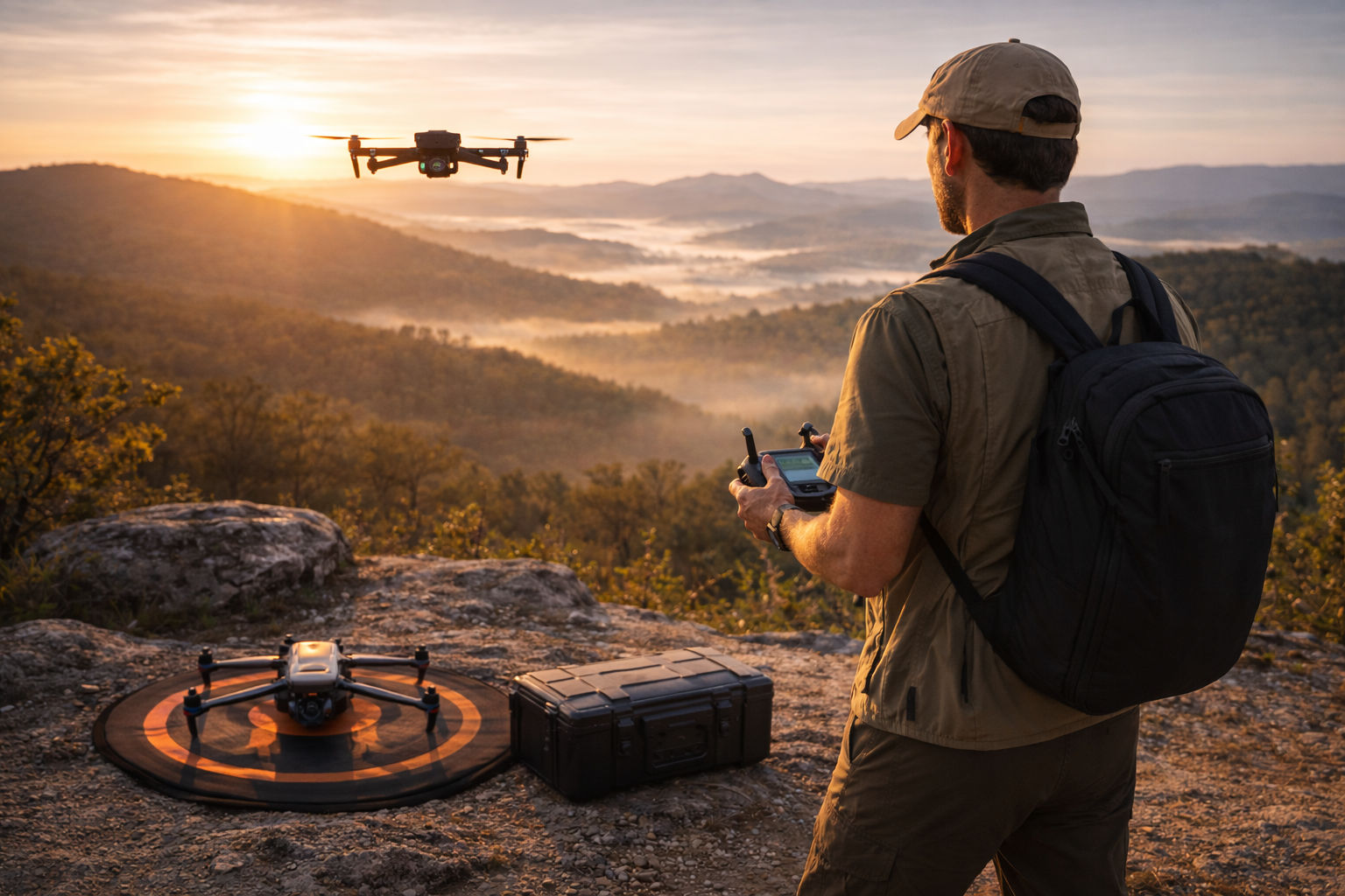 Drone operator overlooking misty mountain valley at sunrise