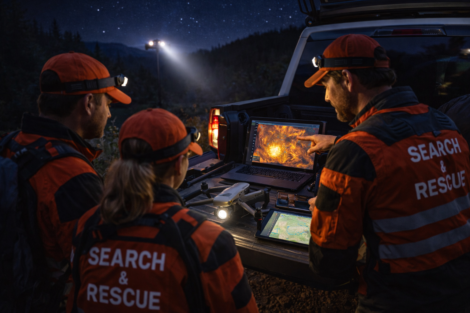 Search and rescue team conducting drone operations at night